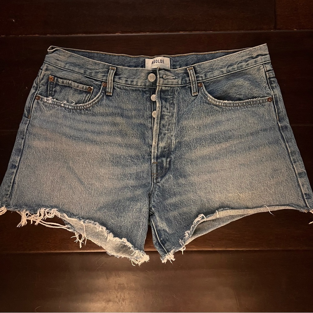 Agolde Parker Blue Jean Shorts Distressed Cut-Off Design